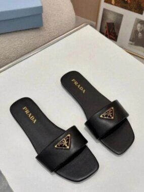 Prada Black Leather Slide Sandals – with Original Box